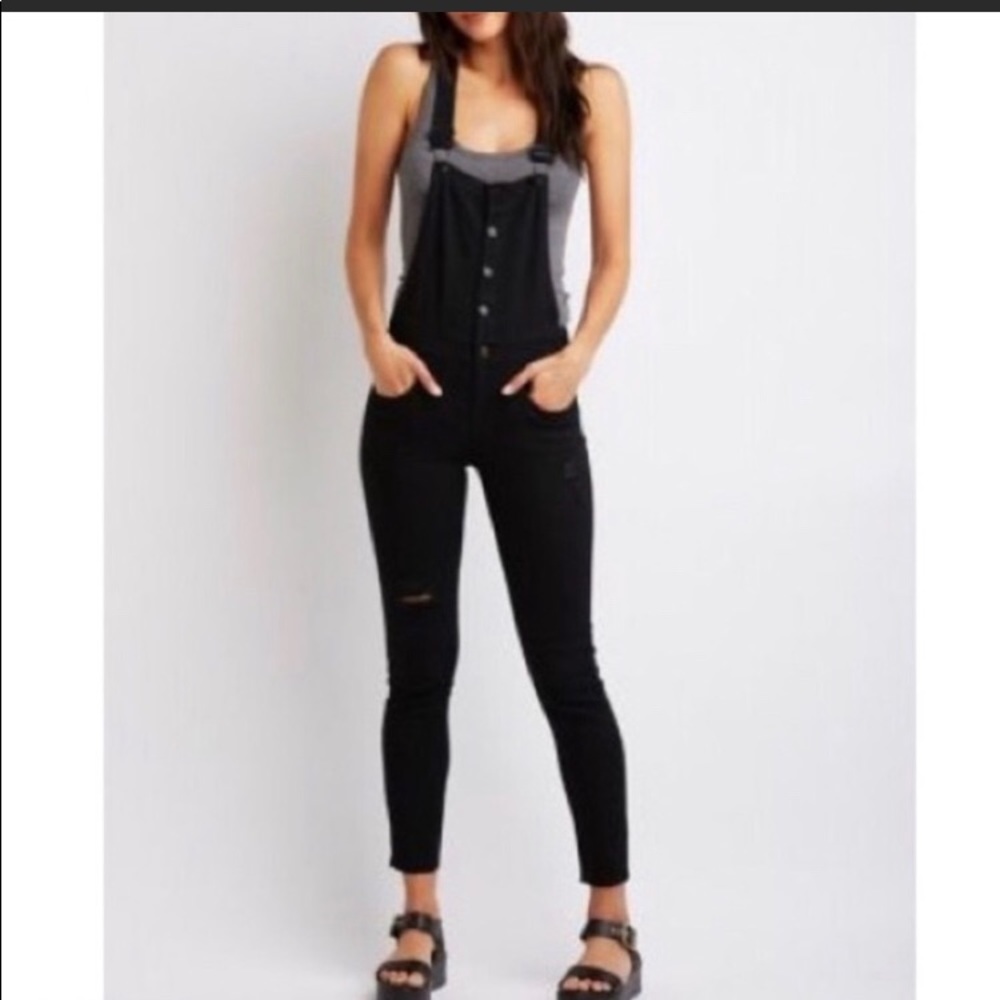 REFUGE BLACK DENIM DISTRESSED OVERALLS